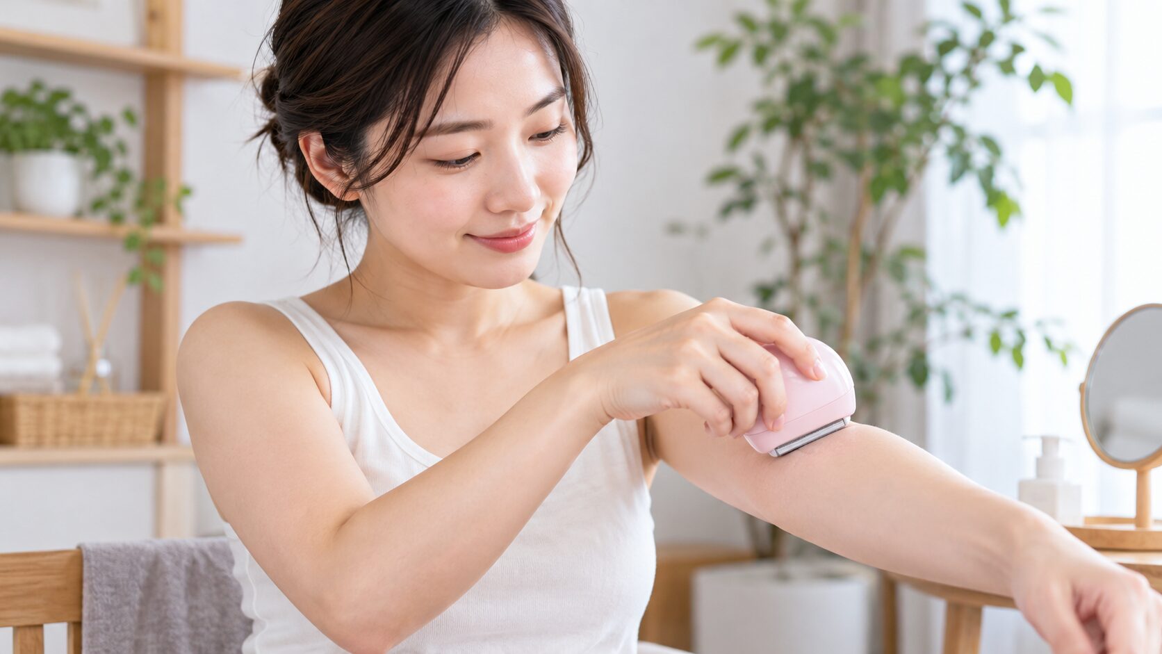 手のひらで握るタイプのカミソリを腕にやさしく当ててムダ毛処理する日本人女性