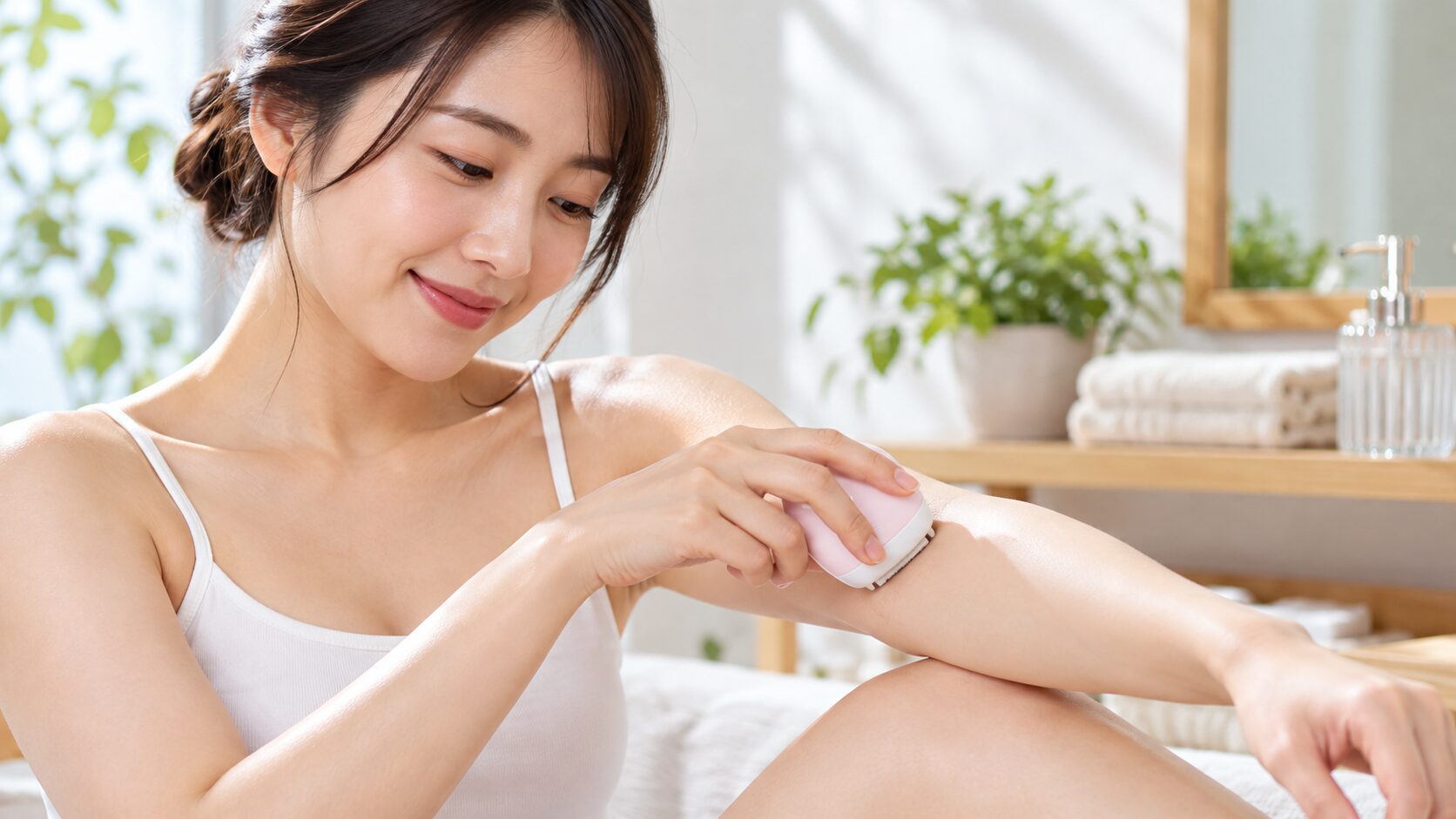 貝印なでそりのような手のひらサイズのムダ毛処理器具を使って腕をケアする日本人女性